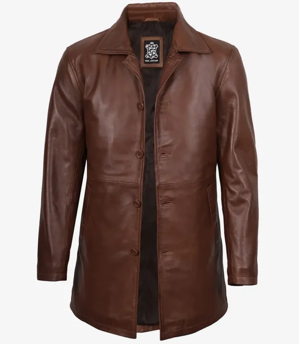 Men's Real Leather Button Down Cognac Car Coat