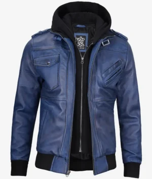 Men's Blue Wax Leather Bomber Jacket With Removable Hood