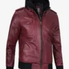 Men's Maroon Bomber Leather Jacket With Removable Hood