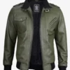 Men's Olive Green Bomber Leather Jacket With Removable Hood