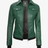 Womens Green Bomber Leather Jacket with Removable Hood