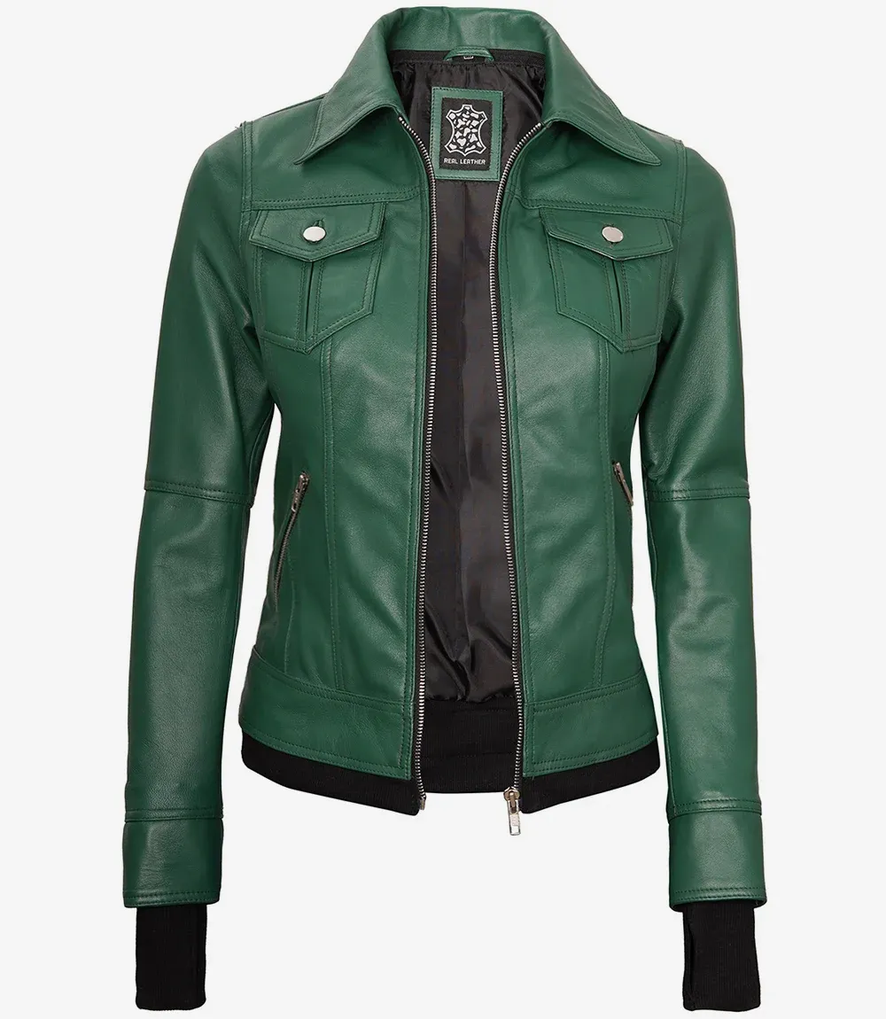 Womens Green Bomber Leather Jacket with Removable Hood Womens Green Bomber Leather Jacket with Removable Hood