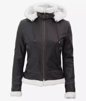 Women's Mary B3 Hooded Dark Brown Shearling Leather Jacket