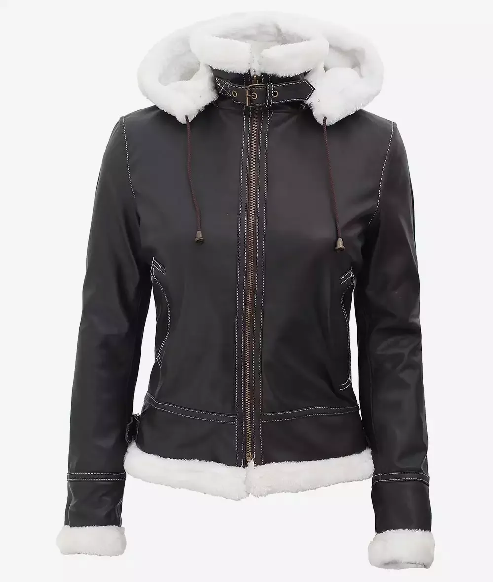 Women's Mary B3 Hooded Dark Brown Shearling Leather Jacket Women's Mary B3 Hooded Dark Brown Shearling Leather Jacket