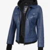 Womens Blue Bomber Leather Jacket With Hood