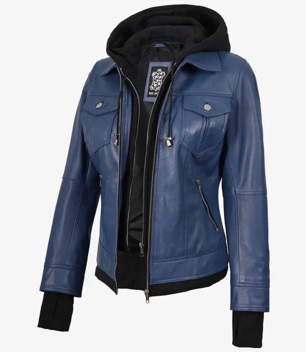 Womens Blue Bomber Leather Jacket With Hood
