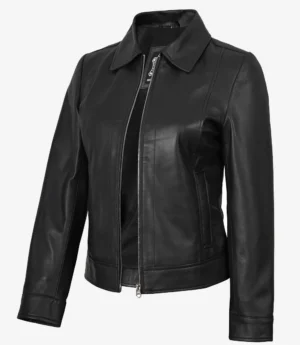 Jose Womens Black Shirt Collar Harrington Leather Jacket