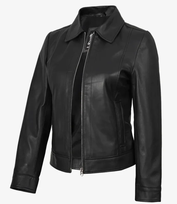 Jose Womens Black Shirt Collar Harrington Leather Jacket