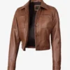 Womens Cropped Cognac Leather Jacket