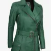 Womens Green Belted Biker Style Leather Jacket
