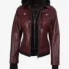 Womens Burgundy Bomber Leather Jacket With Removable Hood