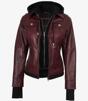 Womens Burgundy Bomber Leather Jacket With Removable Hood