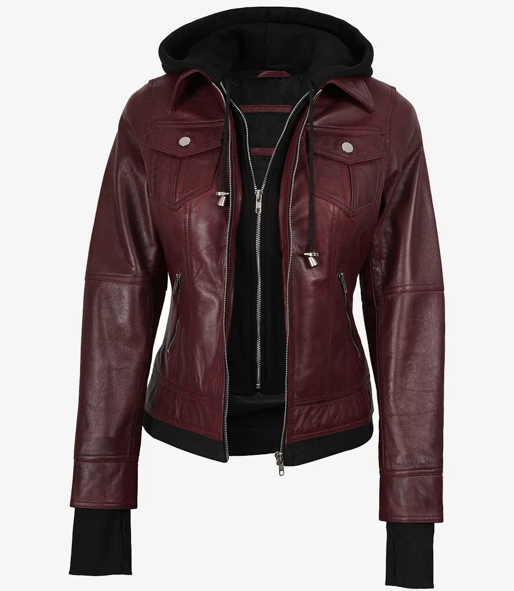 Womens Burgundy Bomber Leather Jacket With Removable Hood Womens Burgundy Bomber Leather Jacket With Removable Hood