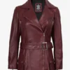 Women's Asymmetrical Maroon Belted Biker Style Leather Jacket