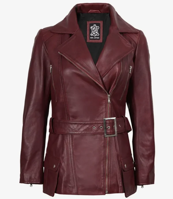 Women's Asymmetrical Maroon Belted Biker Style Leather Jacket