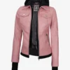 Womens Pink Bomber Leather Jacket with Removable Hood