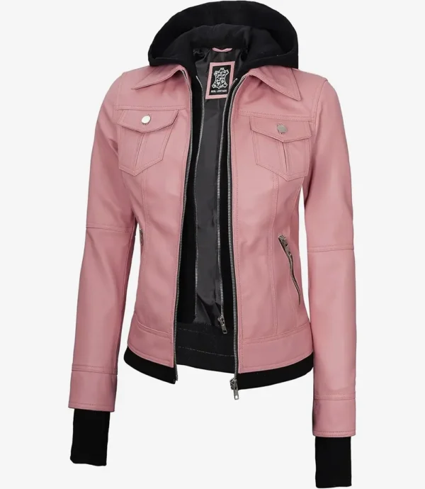 Womens Pink Bomber Leather Jacket with Removable Hood