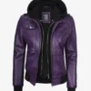Womens Purple Bomber Leather Jacket with Removeable Hood