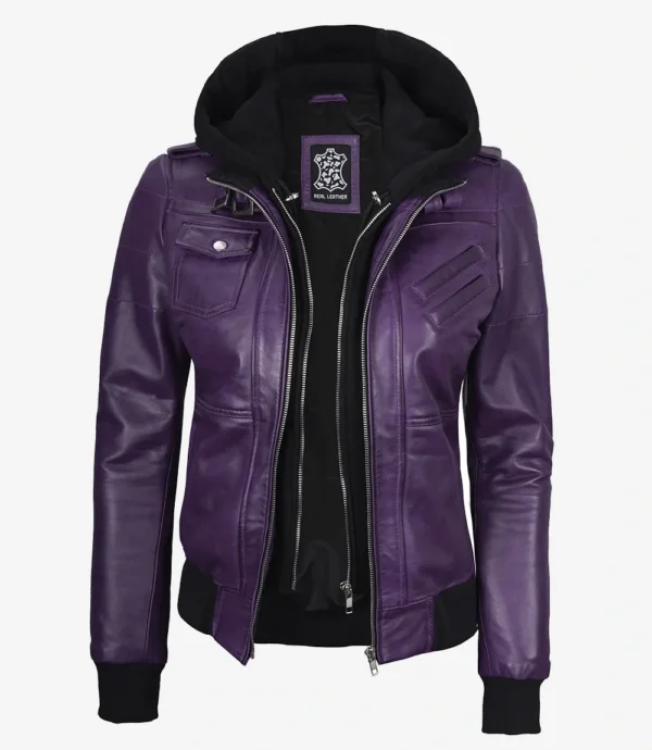 Womens Purple Bomber Leather Jacket with Removeable Hood