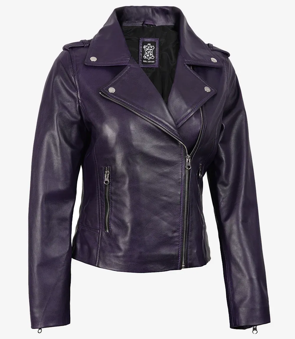 Women's Lambskin Asymmetrical Purple Biker Style Jacket Women's Lambskin Asymmetrical Purple Biker Style Jacket