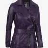 Women's Asymmetrical Purple Belted Biker Style Leather Jacket
