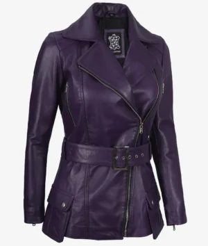 Women's Asymmetrical Purple Belted Biker Style Leather Jacket