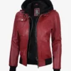 Womens Red Hooded Bomber Leather Jacket