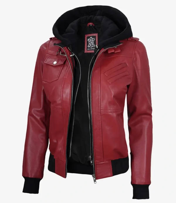 Womens Red Hooded Bomber Leather Jacket