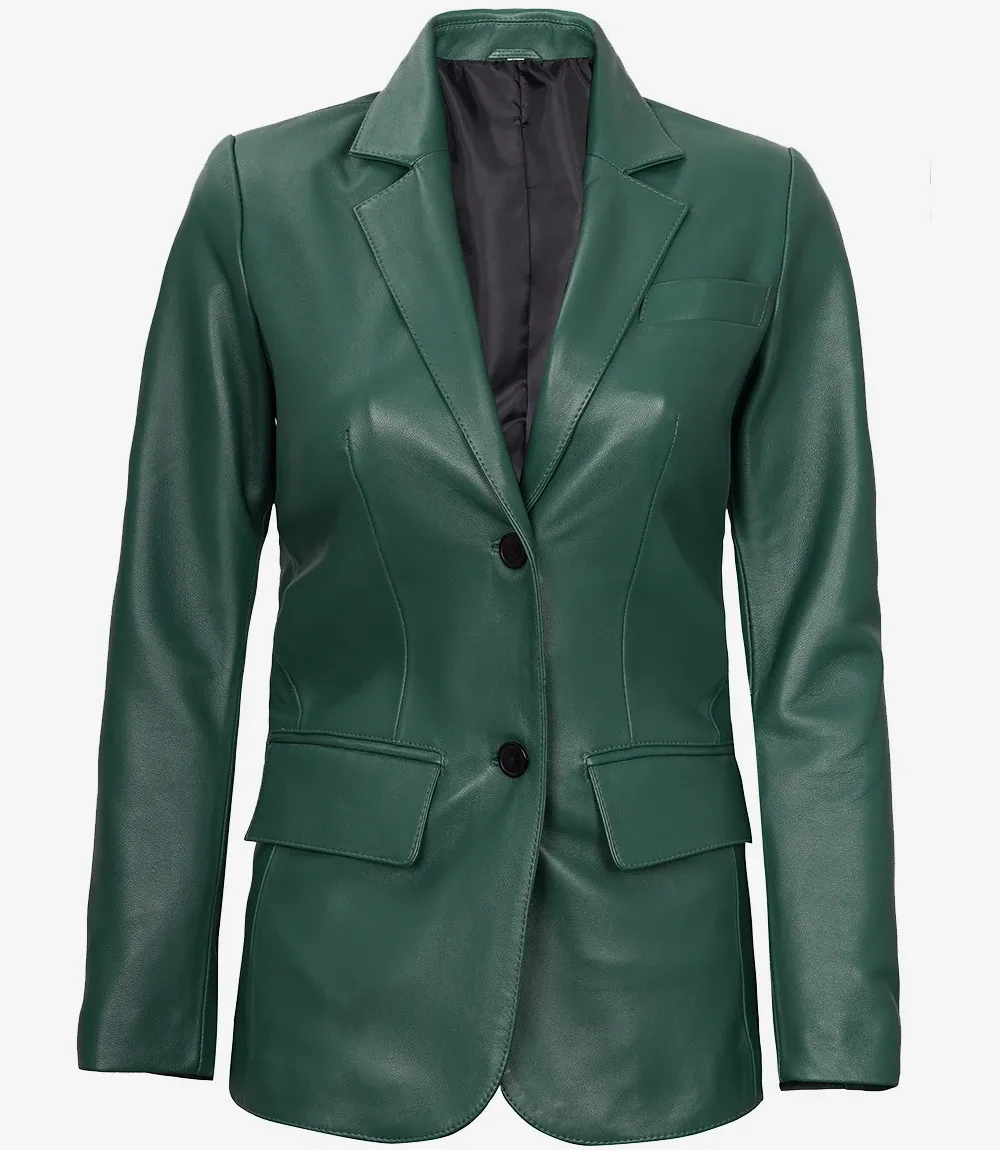 Womens Two Button Green Leather Blazer Womens Two Button Green Leather Blazer