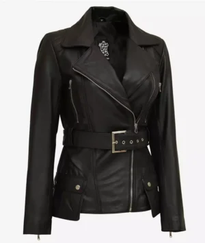 Women's Black Belted Long Biker Style Leather Jacket