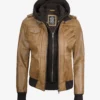 Womens Camel Brown Hooded Bomber Leather Jacket