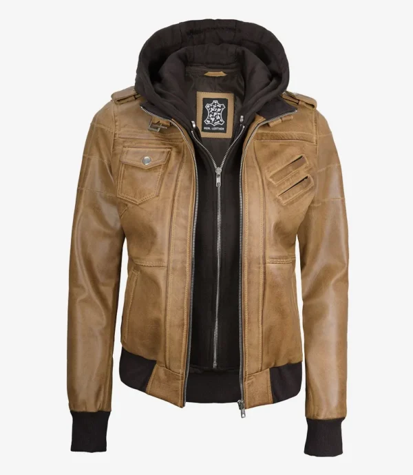 Womens Camel Brown Hooded Bomber Leather Jacket