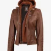 Helen Womens Cognac Leather Jacket with Removable Hood