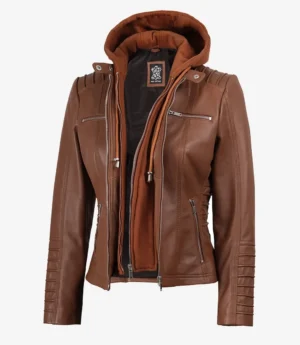 Helen Womens Cognac Leather Jacket with Removable Hood