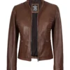Womens Real Leather Cognac Waxed Biker Style Jacket