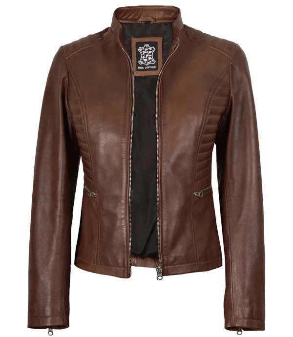 Womens Real Leather Cognac Waxed Biker Style Jacket