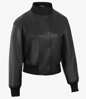 Womens Drop Shoulder Black Bomber Leather Jacket - Cropped Style