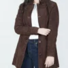 Womens Dark Brown Suede Button Down Coat