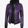 Womens Purple Bomber Leather Jacket - Removable Hood
