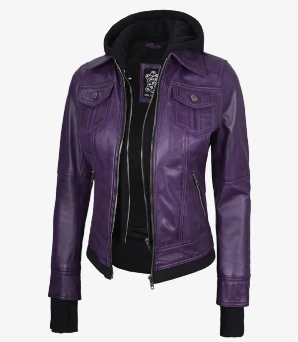 Womens Purple Bomber Leather Jacket - Removable Hood