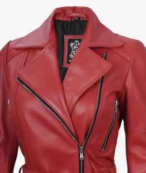 Womens Red Belted Biker Style Leather Jacket