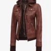 Tralee Women's Cognac Wax Bomber Leather Jacket With Removable Hood