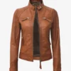 Womens Real Lambskin Leather Tan Quilted Biker Style Jacket