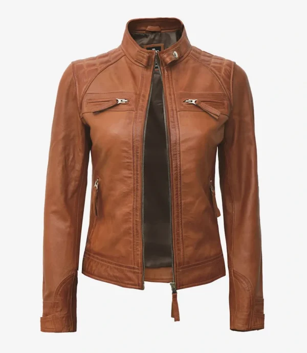 Womens Real Lambskin Leather Tan Quilted Biker Style Jacket