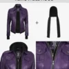 Womens Purple Bomber Leather Jacket - Removable Hood