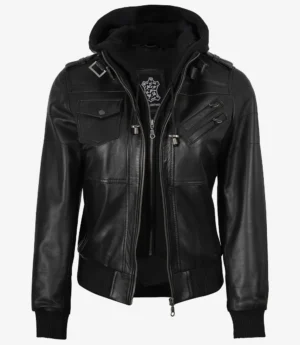 Women's Black Leather Bomber Jacket with Removable Hood