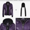 Womens Purple Bomber Leather Jacket with Removeable Hood