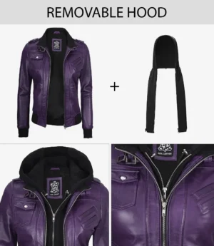 Womens Purple Bomber Leather Jacket with Removeable Hood