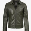 Men's Classic Shirt Collar Olive Green Leather Jacket