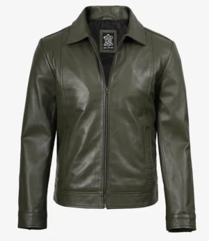 Men's Classic Shirt Collar Olive Green Leather Jacket